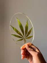 Load image into Gallery viewer, Side view of a handcrafted resin coaster featuring a real hemp leaf, highlighting its sleek and smooth finish