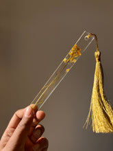 Load image into Gallery viewer, Stylish resin bookmark featuring real yellow flowers and golden tassel, crafted by ShopKuhoo