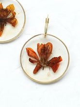 Load image into Gallery viewer, Orange Cosmos Flower Hand-Sculpted Hoop Earrings
