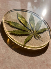 Load image into Gallery viewer, ShopKuhoo handmade oval resin coaster with a preserved hemp leaf, showing a side view of the natural texture and clear resin design
