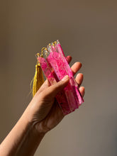 Load image into Gallery viewer, Botanical resin bookmark with natural pink Bougainvillea petals and golden tassel, ideal for eco-conscious readers
