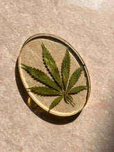 Load image into Gallery viewer, ShopKuhoo oval-shaped hemp leaf coaster, viewed from an angle that showcases both the resin clarity and the detailed hemp leaf preserved inside
