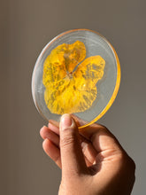 Load image into Gallery viewer, Tilted view of a handmade resin coaster with a pansy flower pressed into it, showing off the vibrant colors and fine details of the petals. The coaster’s transparent resin creates a glossy, reflective effect, set against a natural, softly blurred background
